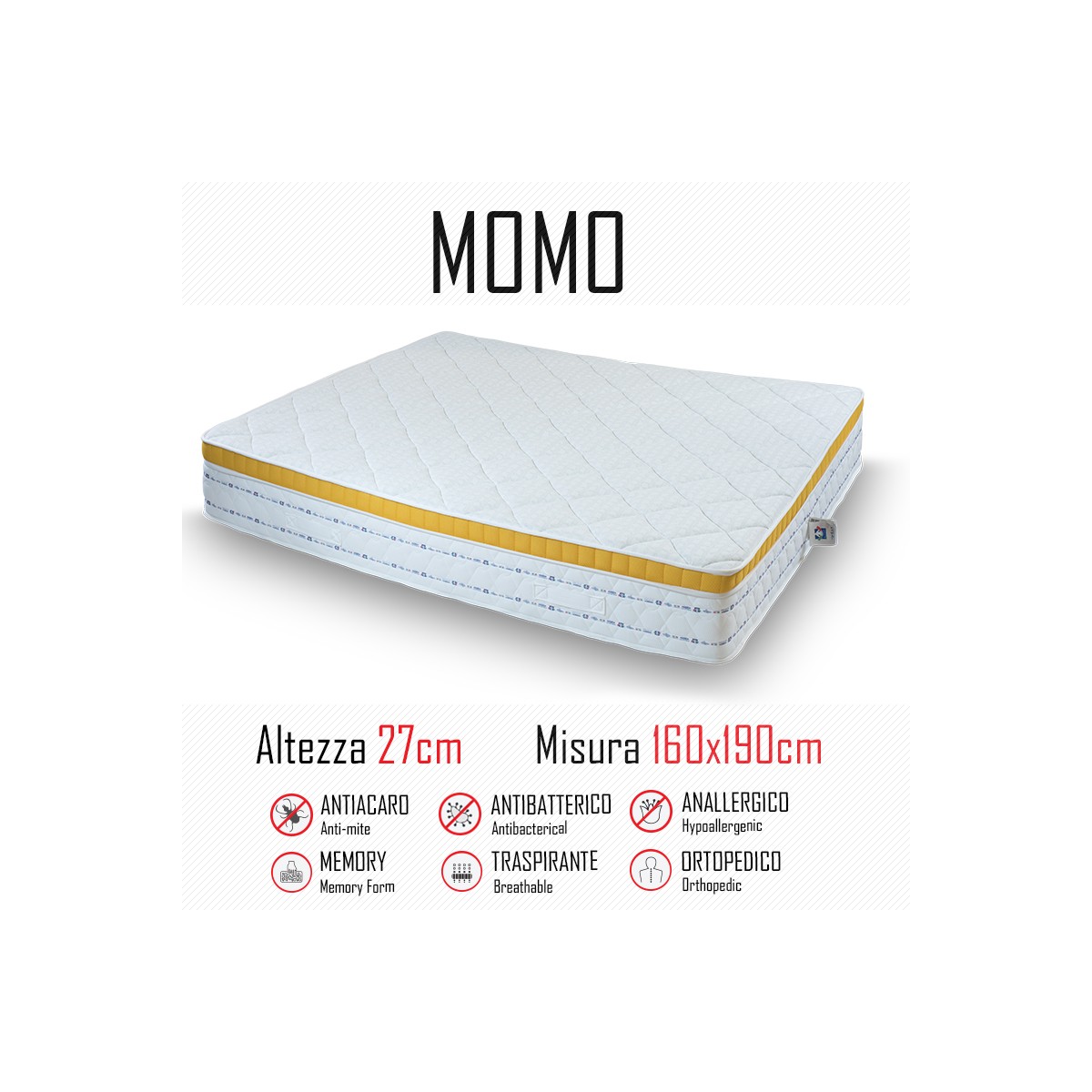 Materasso Momo 160x190  gomma e memory alto 27cm