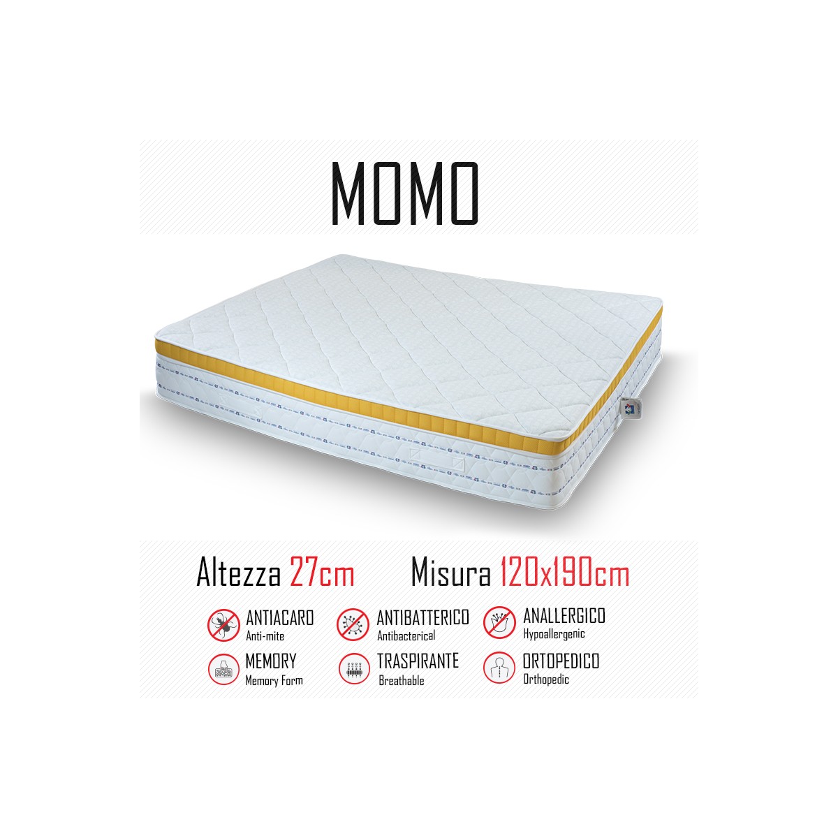 Momo-Matratze 120x190 Gummi und Memory 27cm hoch