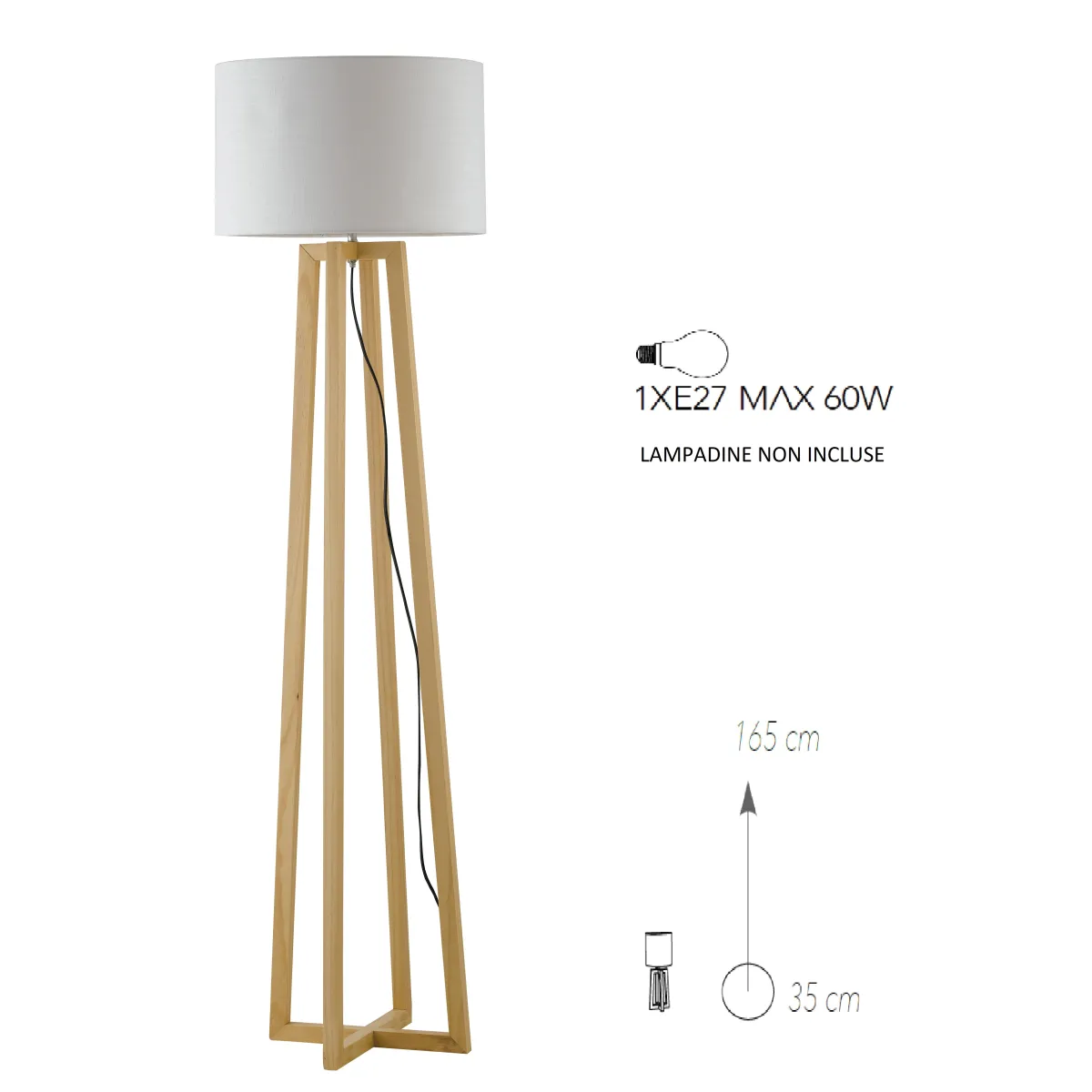 Lampadaire en bois naturel et tissu, 165 cm, E27 |...