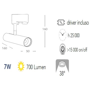 Faretto per binario orientabile a led in alluminio cromo A+ Luce calda 7 W