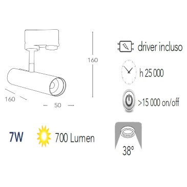 Faretto per binario orientabile a led in alluminio cromato A+ Luce naturale 7 W