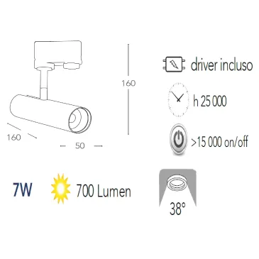 Rail d'éclairage à LED Rocket avec adaptateur triphasé en aluminium chromé A + 4000 Keilvin 7 W