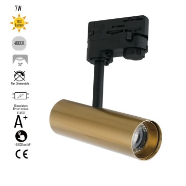 Rail d'éclairage à LED Rocket avec adaptateur triphasé en aluminium couleur or A + 4000 Keilvin 7 W