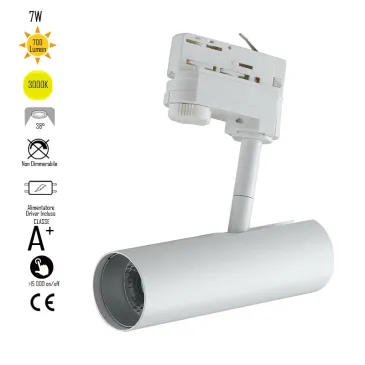 Rail d'éclairage à LED Rocket avec adaptateur triphasé en aluminium blanc A + 3000 Keilvin 7 W