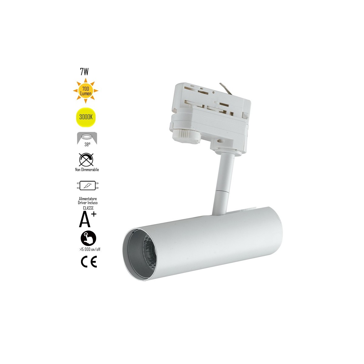 Rail d'éclairage à LED Rocket avec adaptateur triphasé en aluminium blanc A + 3000 Keilvin 7 W