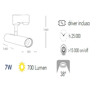 Faretto per binario orientabile a led in alluminio bianco A+ Luce calda 7 W
