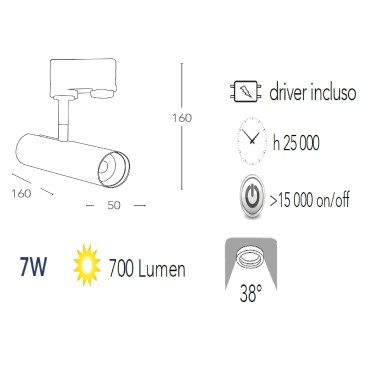 Rail d'éclairage à LED Rocket avec adaptateur triphasé en aluminium blanc A + 3000 Keilvin 7 W