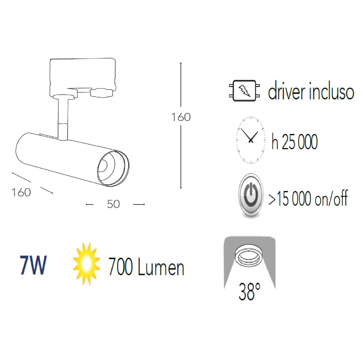 Rail d'éclairage à LED Rocket avec adaptateur triphasé en aluminium blanc A + 3000 Keilvin 7 W