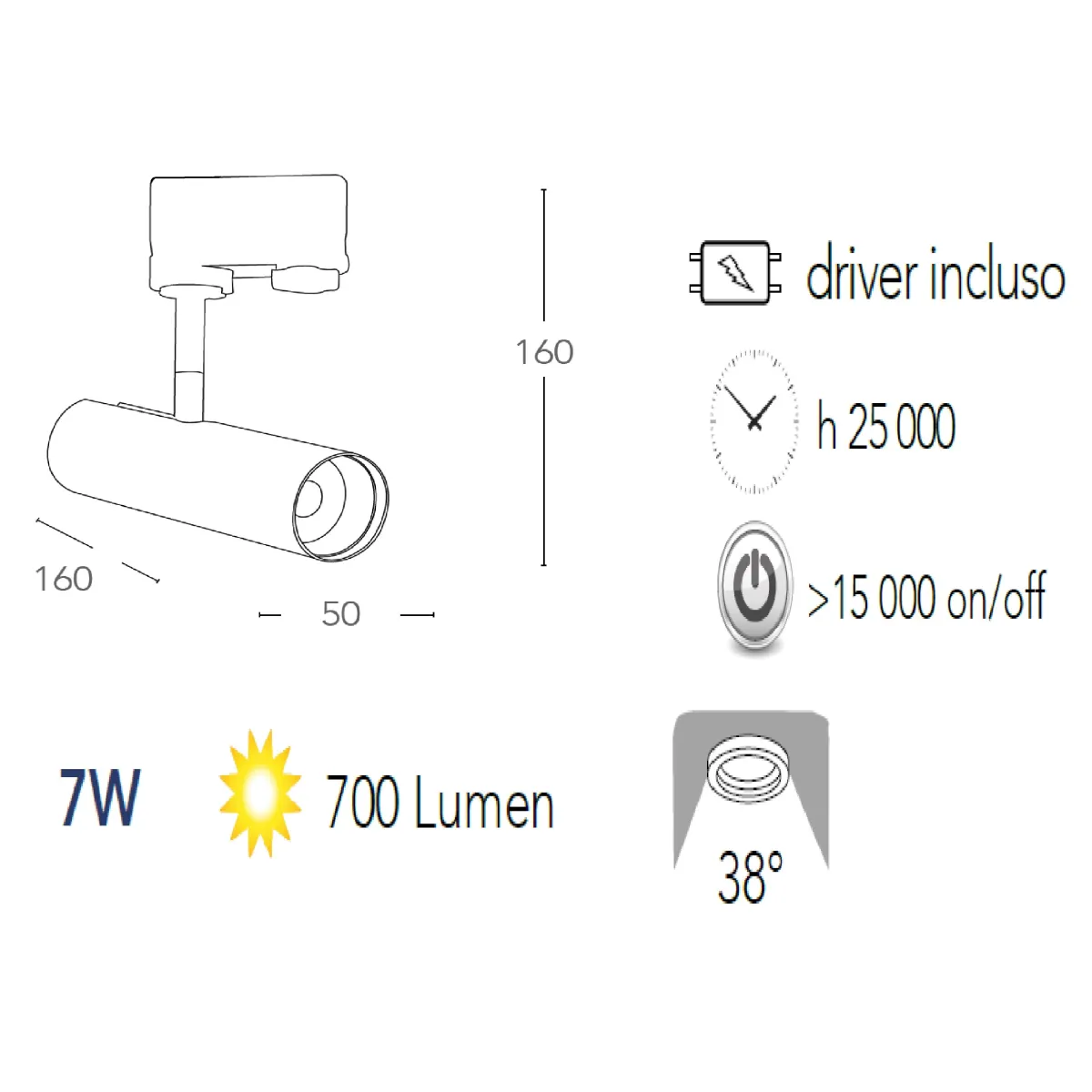 Rail d'éclairage à LED Rocket avec adaptateur triphasé en aluminium blanc A + 3000 Keilvin 7 W