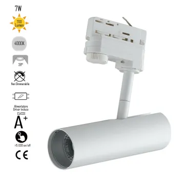 Rail d'éclairage à LED Rocket avec adaptateur triphasé en aluminium blanc A + 4000 Keilvin 7 W