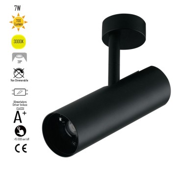 Faretto da soffitto orientabile a led in alluminio nero led cob integrato A+ luce calda K 7 W