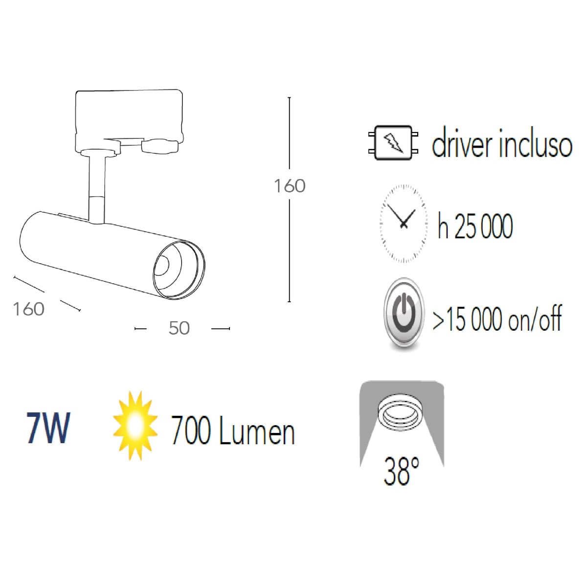 Verstellbarer LED-Deckenstrahler aus schwarzem Aluminium mit integrierter COB-LED A+ warmes Licht K 7 W
