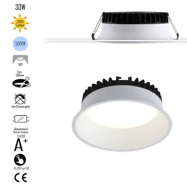 Lampada da incasso tonda in alluminio bianca pressofuso con Led  SMD integrato 5000K- 2900Lm30W
