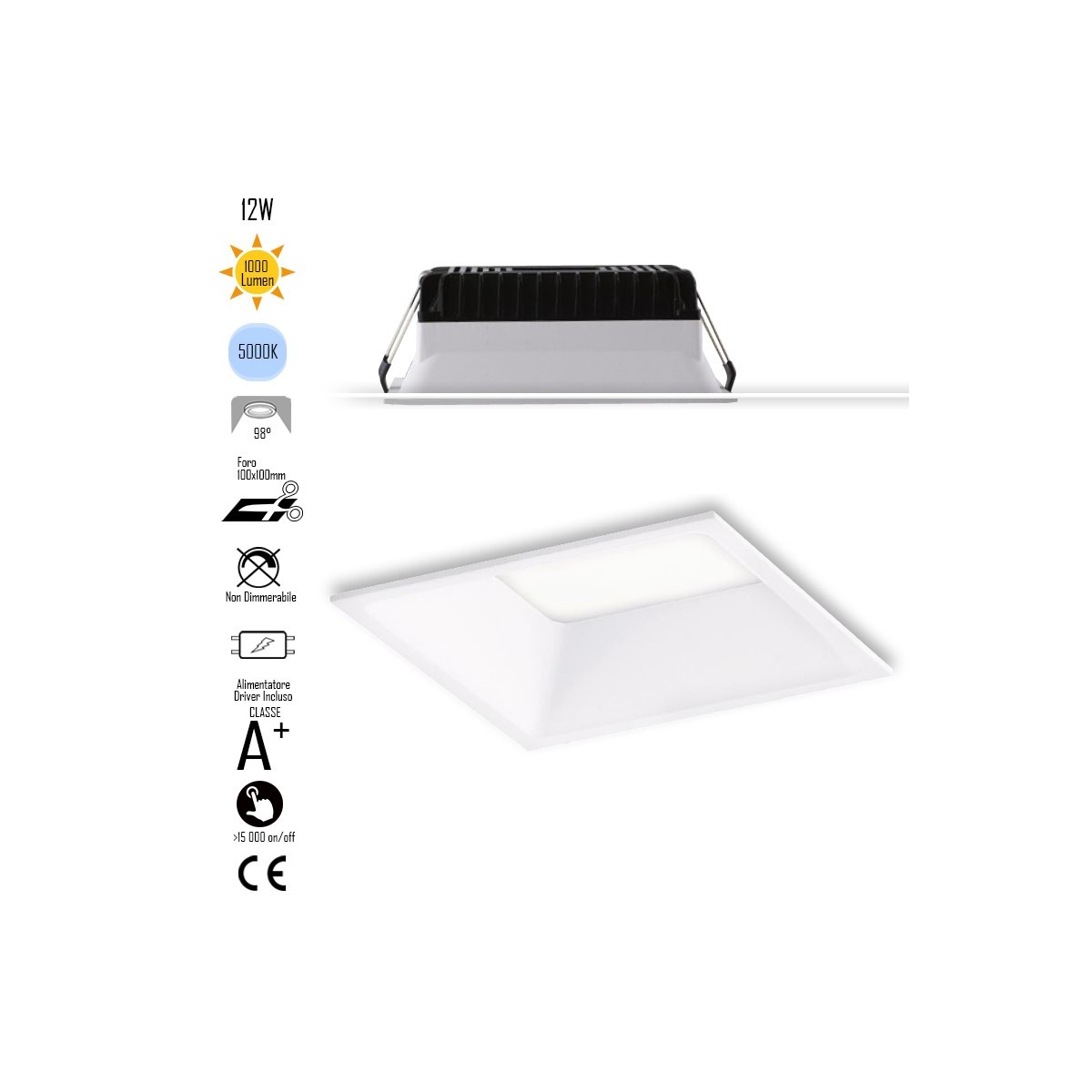 INC-XANTO-F-Q110 Lampada da incasso XANTO quadrata in alluminio bianca pressofuso con Led SMD integrato 5000K- 1000Lm - 12W