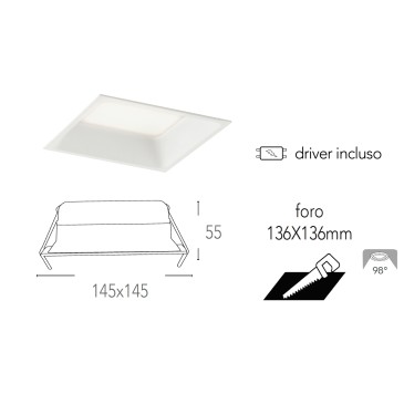 INC-XANTO-F-Q145 Lampada da incasso XANTO quadrata in alluminio bianca pressofuso con Led SMD integrato 5000K- 1600Lm - 18W