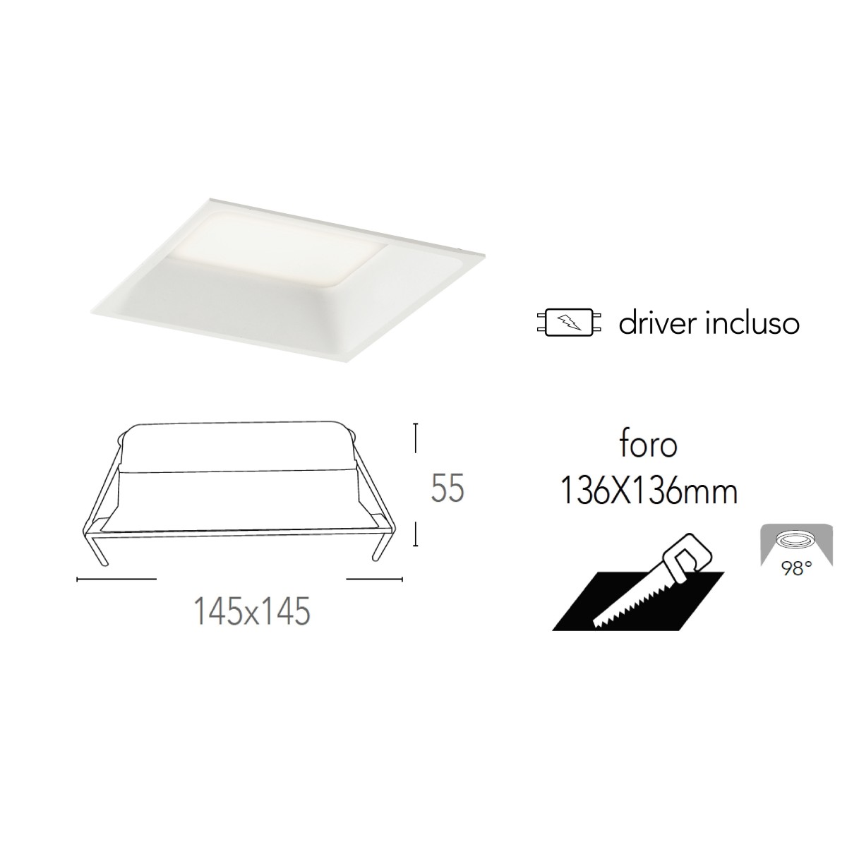 INC-XANTO-F-Q145 Lampada da incasso XANTO quadrata in alluminio bianca pressofuso con Led SMD integrato 5000K- 1600Lm - 18W