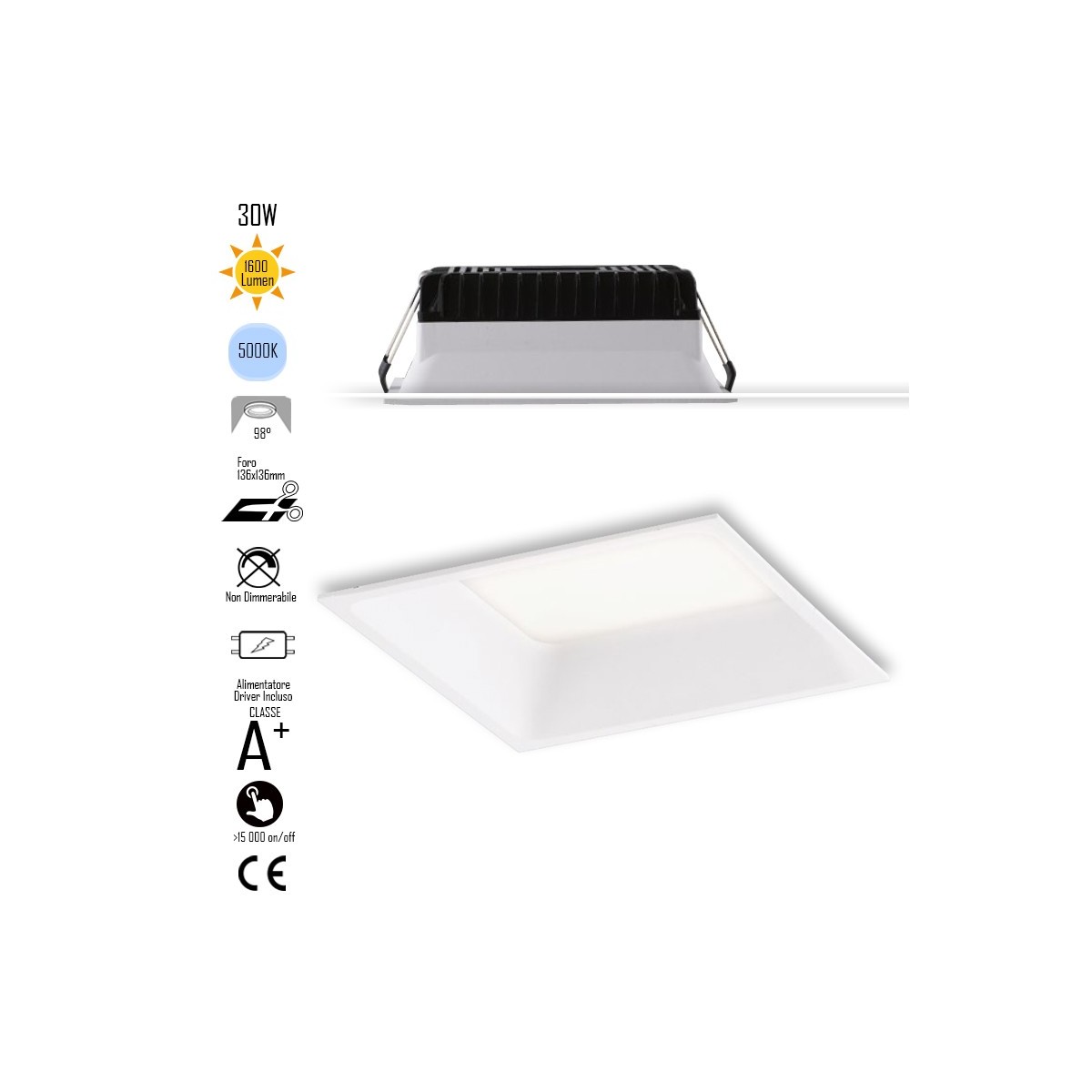 INC-XANTO-F-Q145 Lampada da incasso XANTO quadrata in alluminio bianca pressofuso con Led SMD integrato 5000K- 1600Lm - 18W