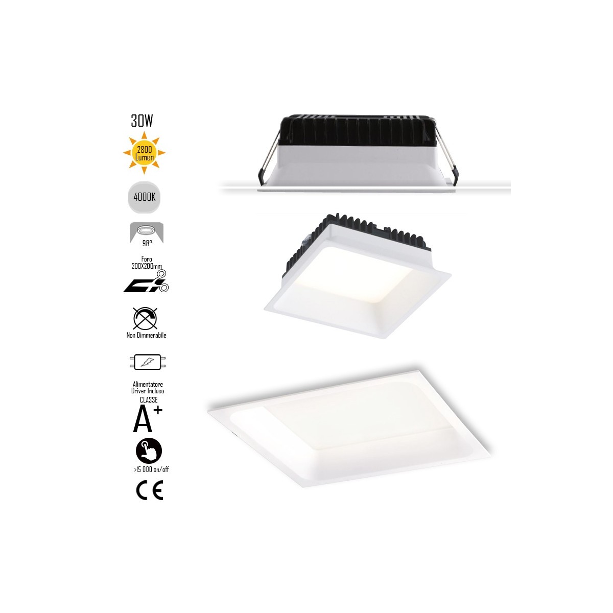 INC-XANTO-M-Q220 Lampada da incasso XANTO quadrata in alluminio bianca pressofuso con Led SMD integrato 4000K- 2800Lm - 30W