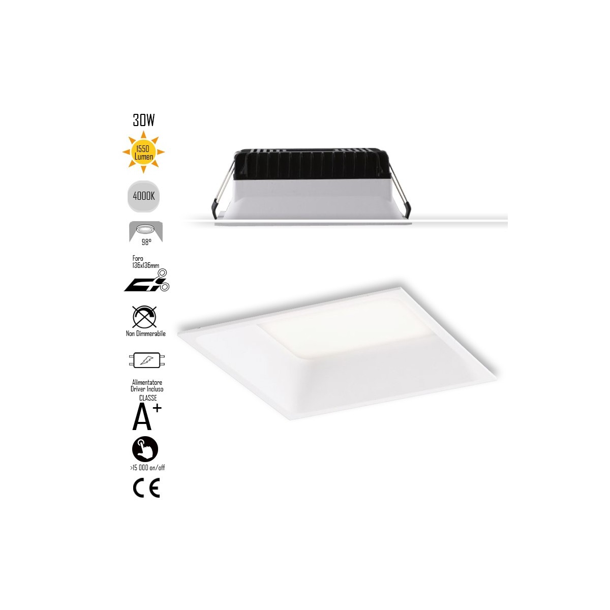 INC-XANTO-M-Q145 Lampada da incasso XANTO quadrata in alluminio bianca pressofuso con Led SMD integrato 4000K- 1550Lm - 18W