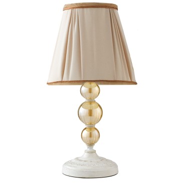 Lampe de table design classique Orfeo en métal et verre, abat-jour blanc et verre ambre
