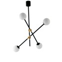 Lampadario a soffitto ANTITESI nero e oro spazzolato 4 diffusori in vetro soffiato opale bianco
