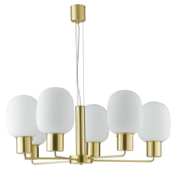 Lampadario sospensione a soffitto Fellini design  in metallo oro e vetro soffiato opale 6xE27 - 98 dm