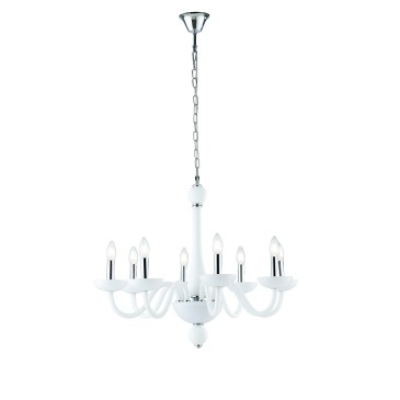 Lampadario a soffitto Alfiere design contemporaneo moderno in vetro bianco e finiture cromo 8 lampadine