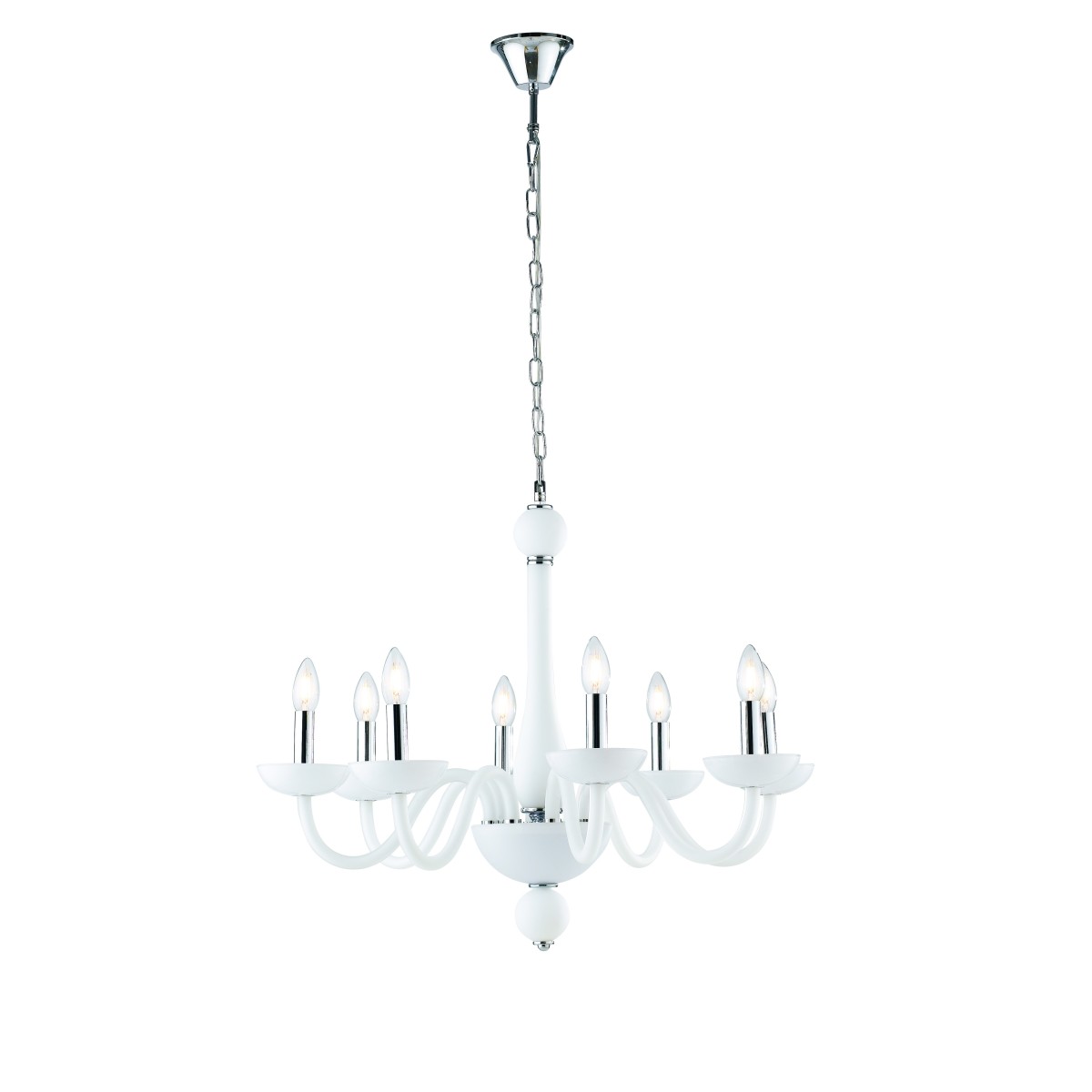Lampadario a soffitto Alfiere design contemporaneo moderno in vetro bianco e finiture cromo 8 lampadine