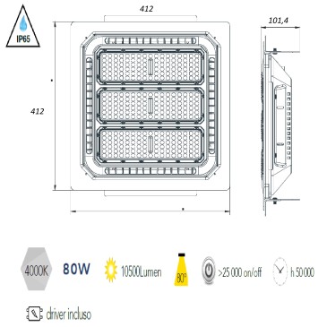 LED-ENERGY-80-INC Proiettore a led da incasso ENERGY faro per pensiline o soffitto rettangolare 80w 10500Lm bianco