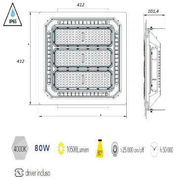 LED-ENERGY-80-INC Proiettore a led da incasso ENERGY faro per pensiline o soffitto rettangolare 80w 10500Lm bianco