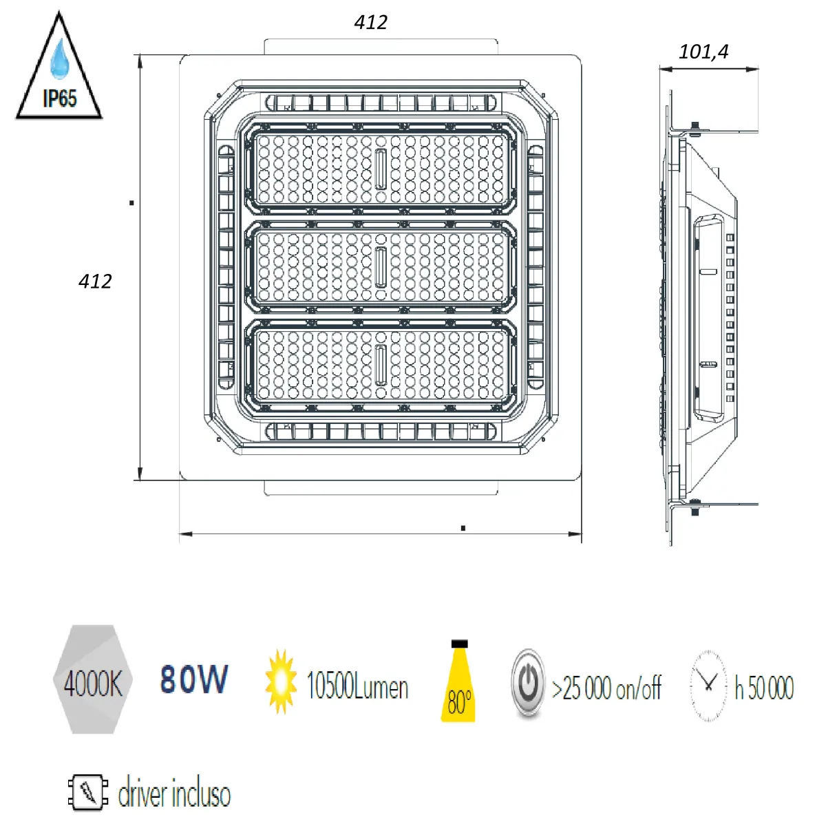 LED-ENERGY-80-INC Proiettore a led da incasso ENERGY faro per pensiline o soffitto rettangolare 80w 10500Lm bianco