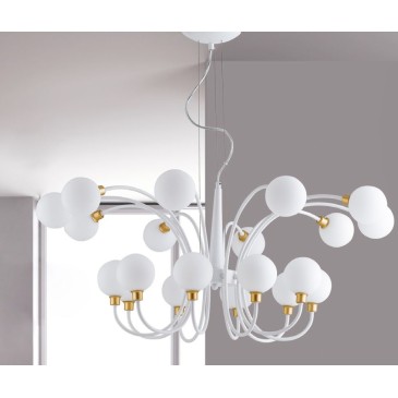Lampadario a soffitto Aida design moderno bianco e oro con diffusori a sfera 20 lampade G9