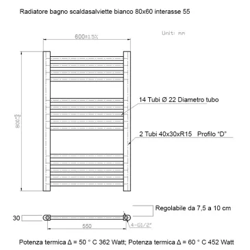 Termoarredo scaldasalviette 800x500 bianco interasse 450 mm