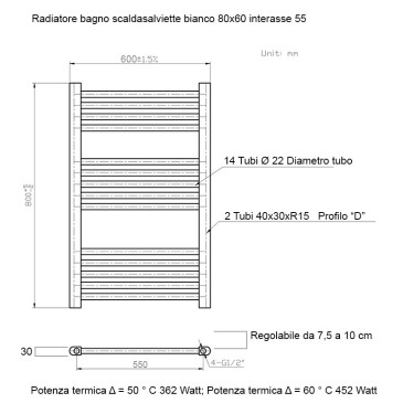 Termoarredo scaldasalviette 800x500 bianco interasse 450 mm