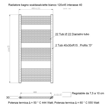 Termoarredo scaldasalviette 800x500 bianco interasse 450 mm