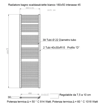 Termoarredo scaldasalviette 800x500 bianco interasse 450 mm