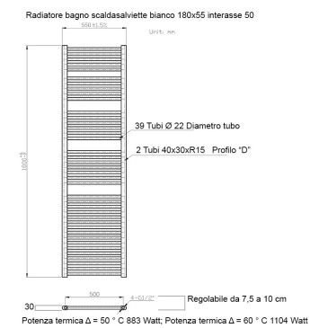 Termoarredo scaldasalviette 1500x550 bianco interasse 500 mm