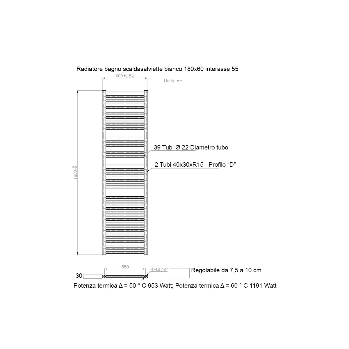 Radiatore Termoarredo scaldasalviette 800x600 bianco interasse 550 mm