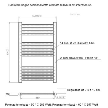 Termoarredo scaldasalviette 800x600 Cromato interasse 550 mm