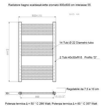 Termoarredo scaldasalviette 800x600 Cromato interasse 550 mm
