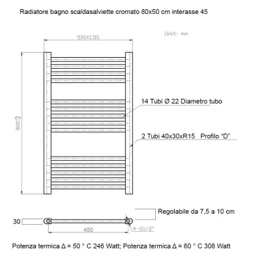Termoarredo scaldasalviette 800x500 Cromato interasse 450 mm