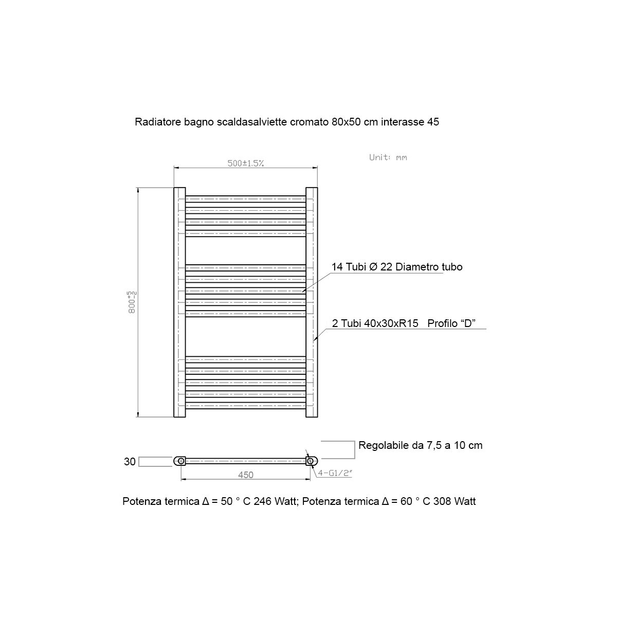 Termoarredo scaldasalviette 800x500 Cromato interasse 450 mm