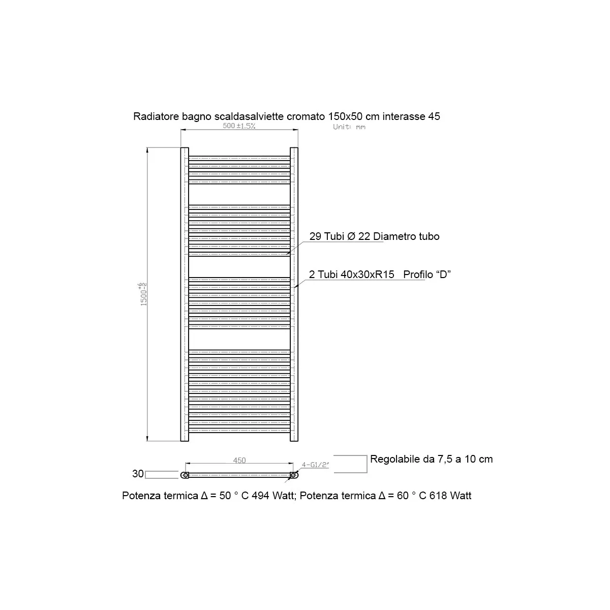 Termoarredo scaldasalviette 1500x500 cromato interasse 450 mm