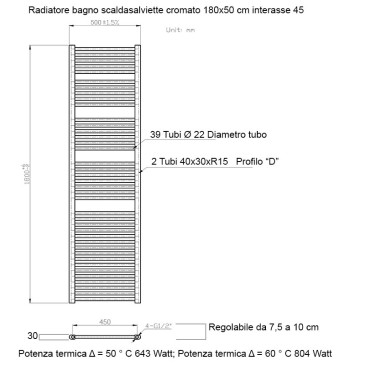 Termoarredo scaldasalviette 1800x550 cromato interasse 500 mm