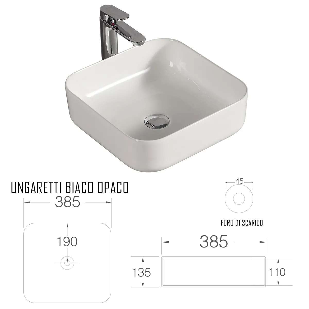 Lavabo carré blanc mat 38,5X38,5 | Ungaretti