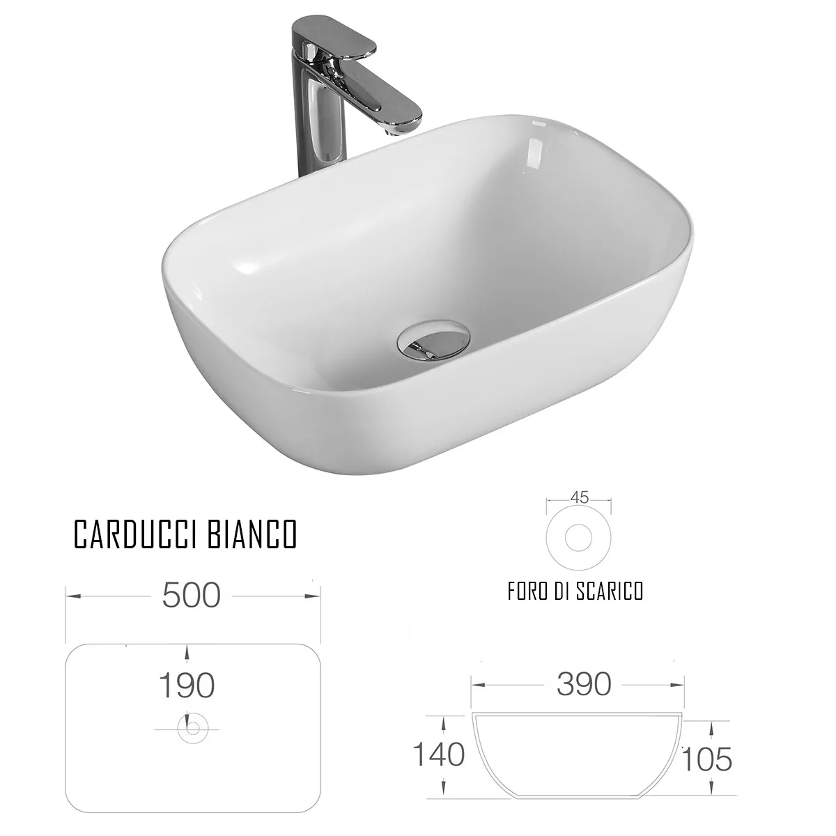 Évier 50x40 en céramique polie avec traitement anti-calcaire