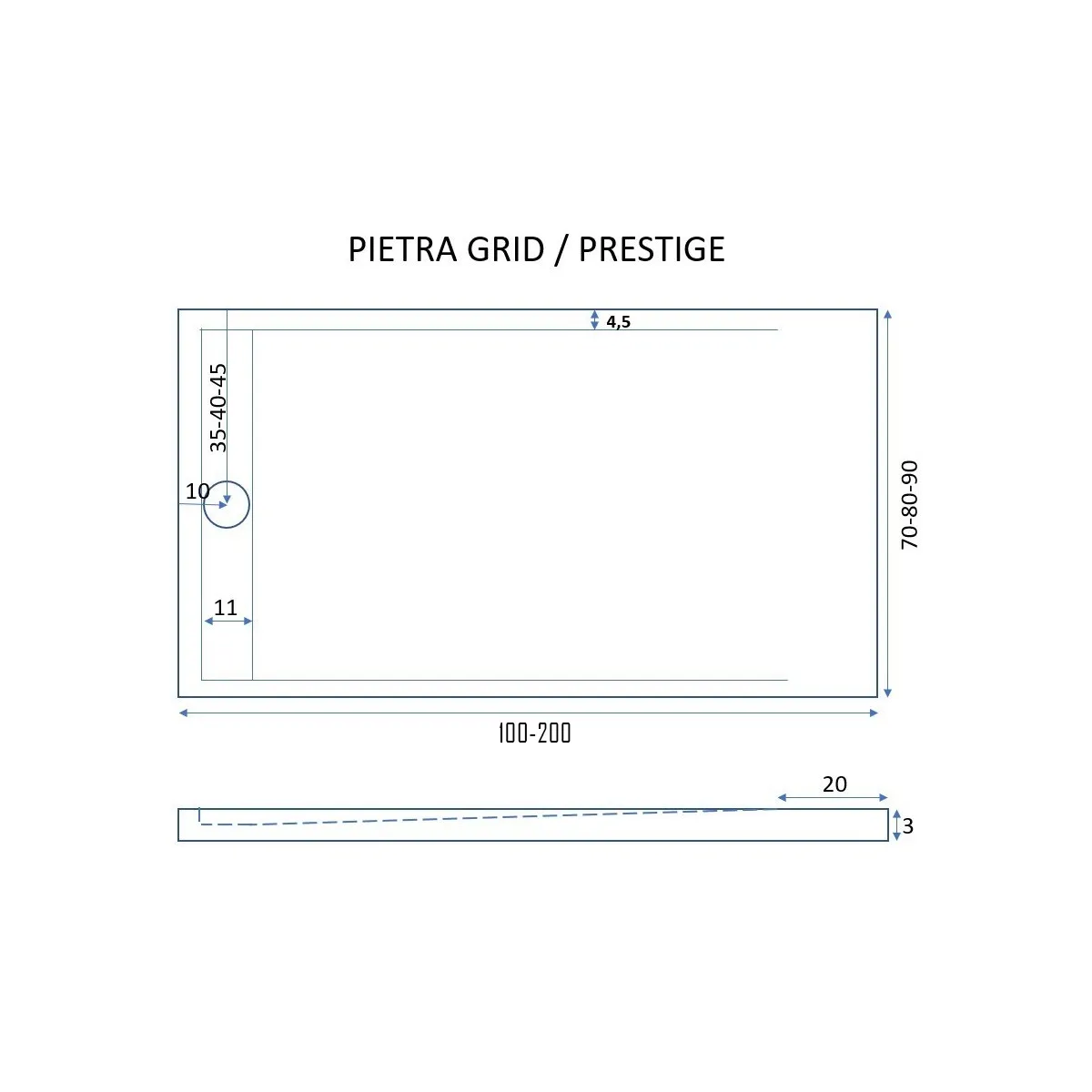 Receveur de douche PRESTIGE en résine gris foncé avec sortie latérale