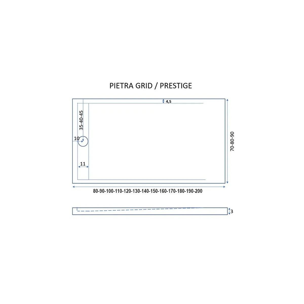 Receveur de douche en résine grise avec trou latéral GRID
